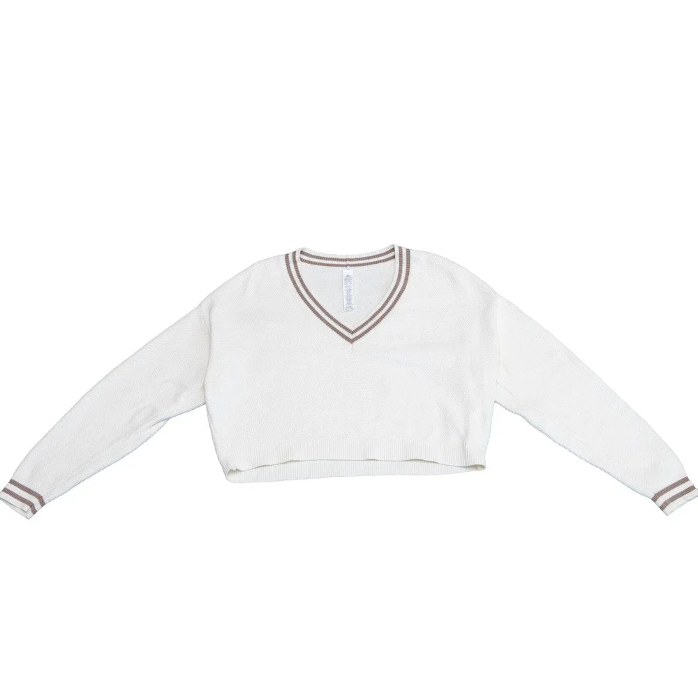 Alo Yoga Womens Cropped V-Neck Sweater White Striped Cotton Knit XS